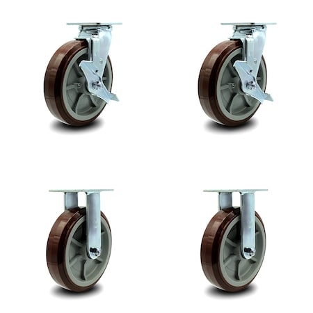 Service Caster 8 Inch Polyurethane Caster Set with Roller Bearings 2 Brake 2 Rigid SCC SCC-30CS820-PPUR-TLB-2-R820-2